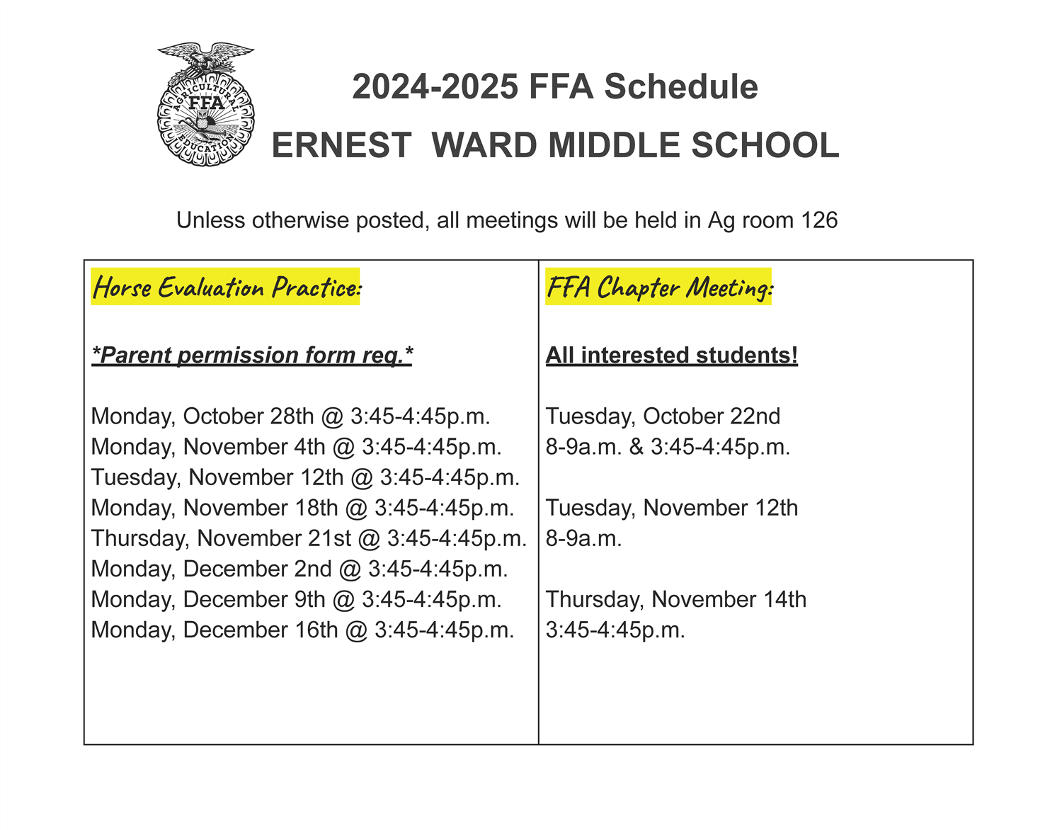 FFA Schedule